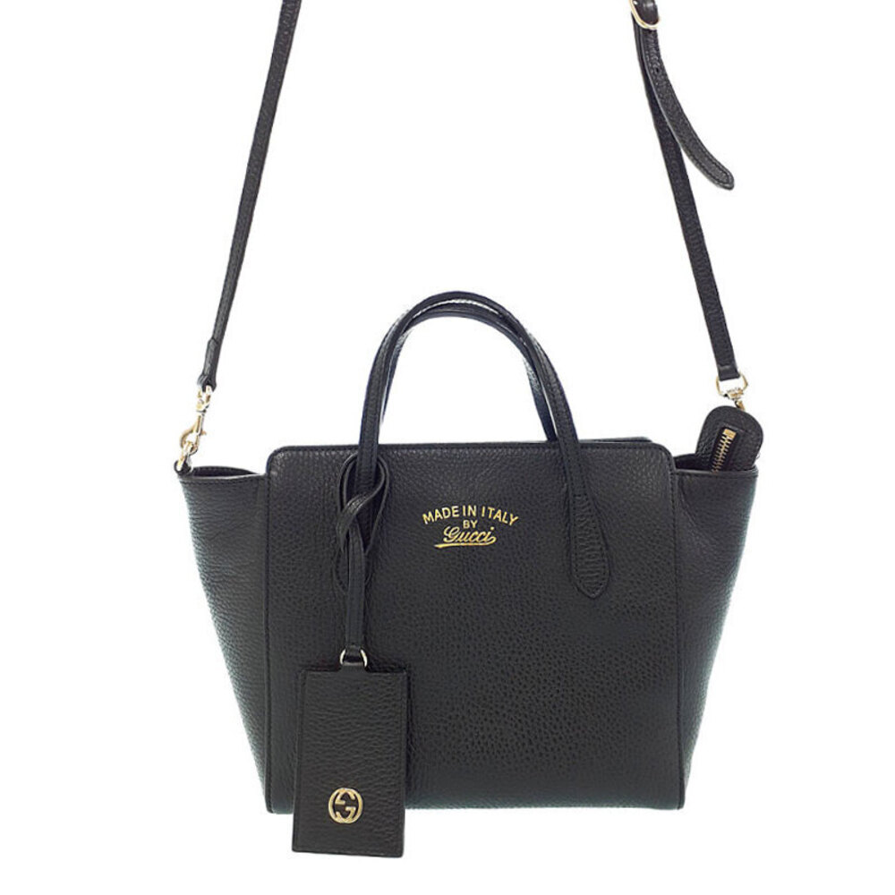 Gucci Swing Top Handle 2way Tote Shoulder Bag pebbled leather Black